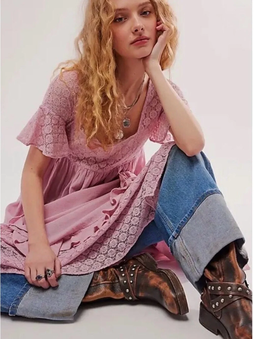 Free People Ethereal Bohemian Bring The Romance Midi Maxi Dress Pink Medium